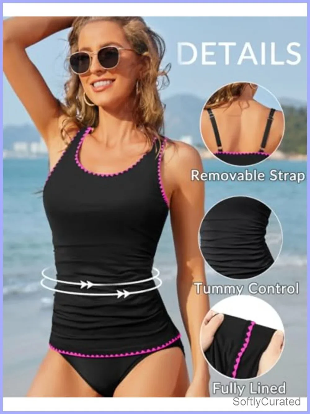 Tummy Control Tankini Top Swimwear Adjustable Straps Removable Cups